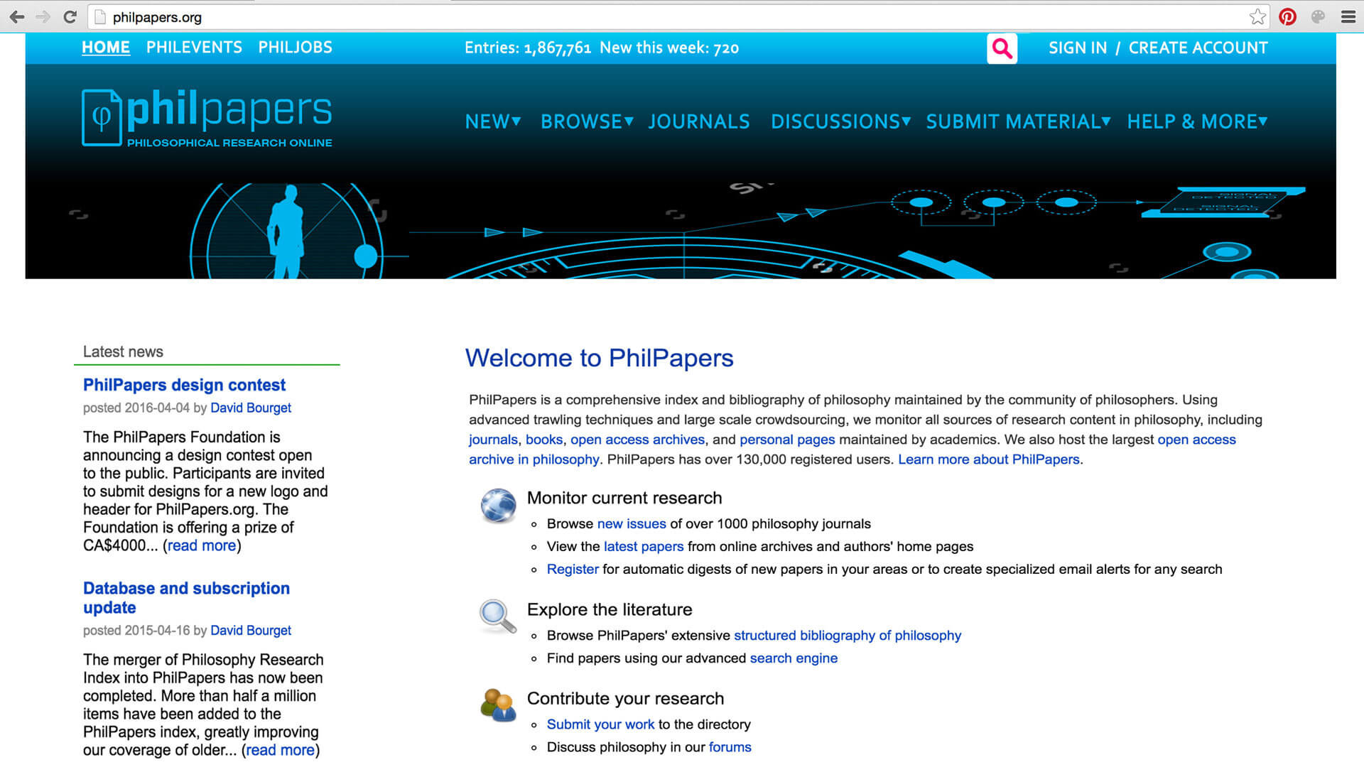 PhilPapers Screendesign Entwurf